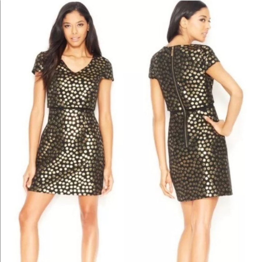 Kensie Black & Gold Metallic Polka Dot Popover Sheath Dress – Size M